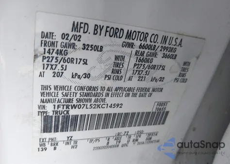 2002 Ford F-150 Lariat/Xlt z USA, uszkodzony, nr VIN 1FTRW07L52KC14592